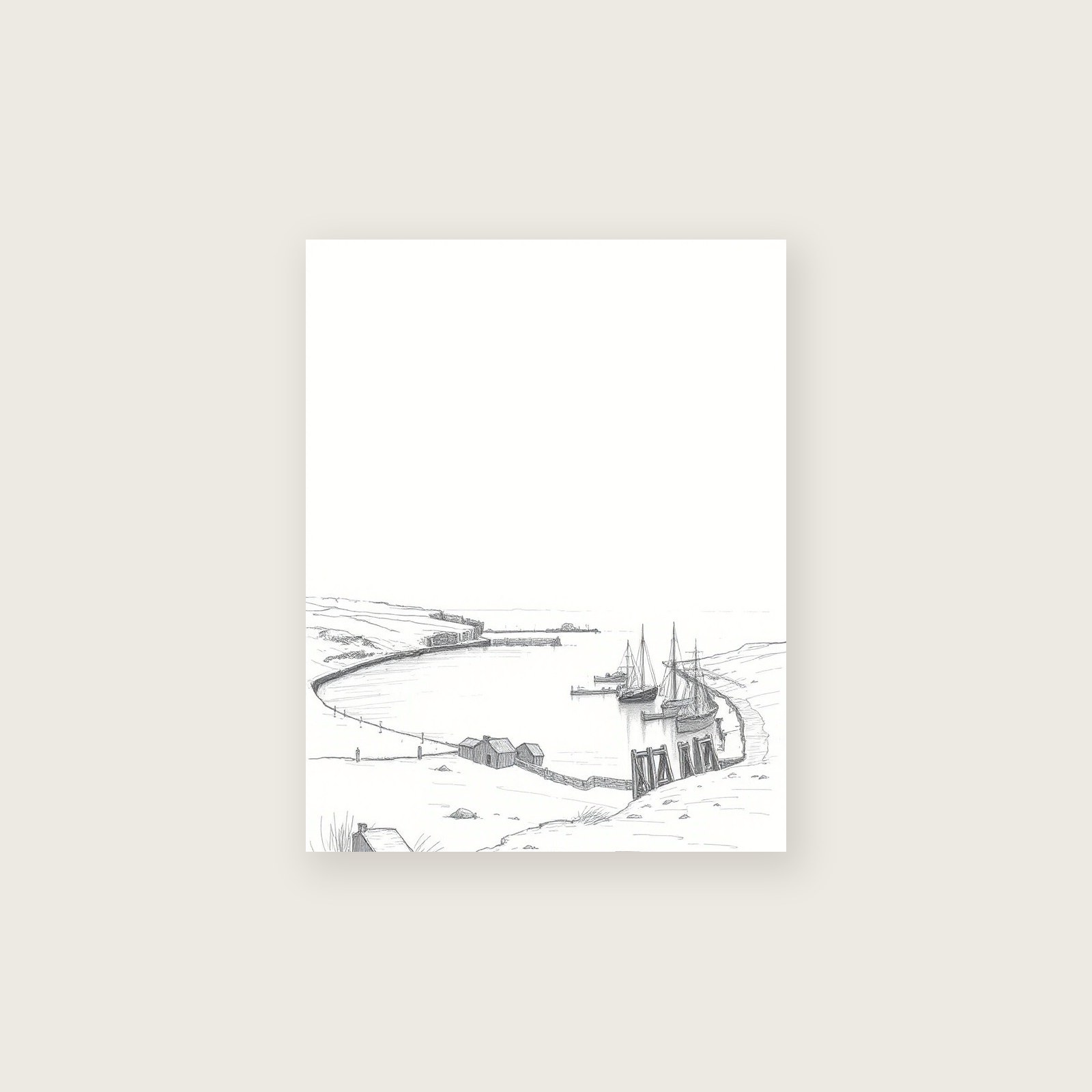 Crail Harbour - Pencil Sketch Landscape Print in Neutral & Beige - Unframed Print, A3