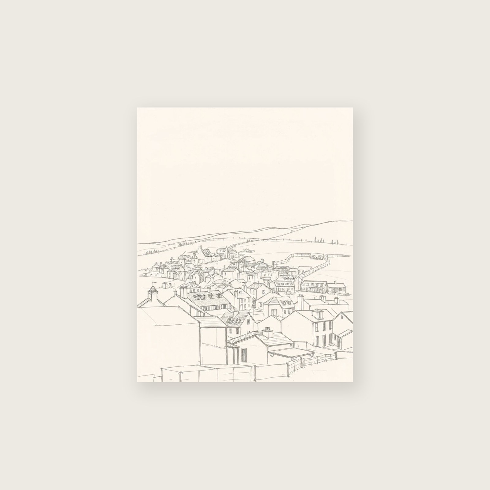 Cadgwith Pencil Sketch Print - Framed Neutral & Beige Landscape Wall Art, unframed print