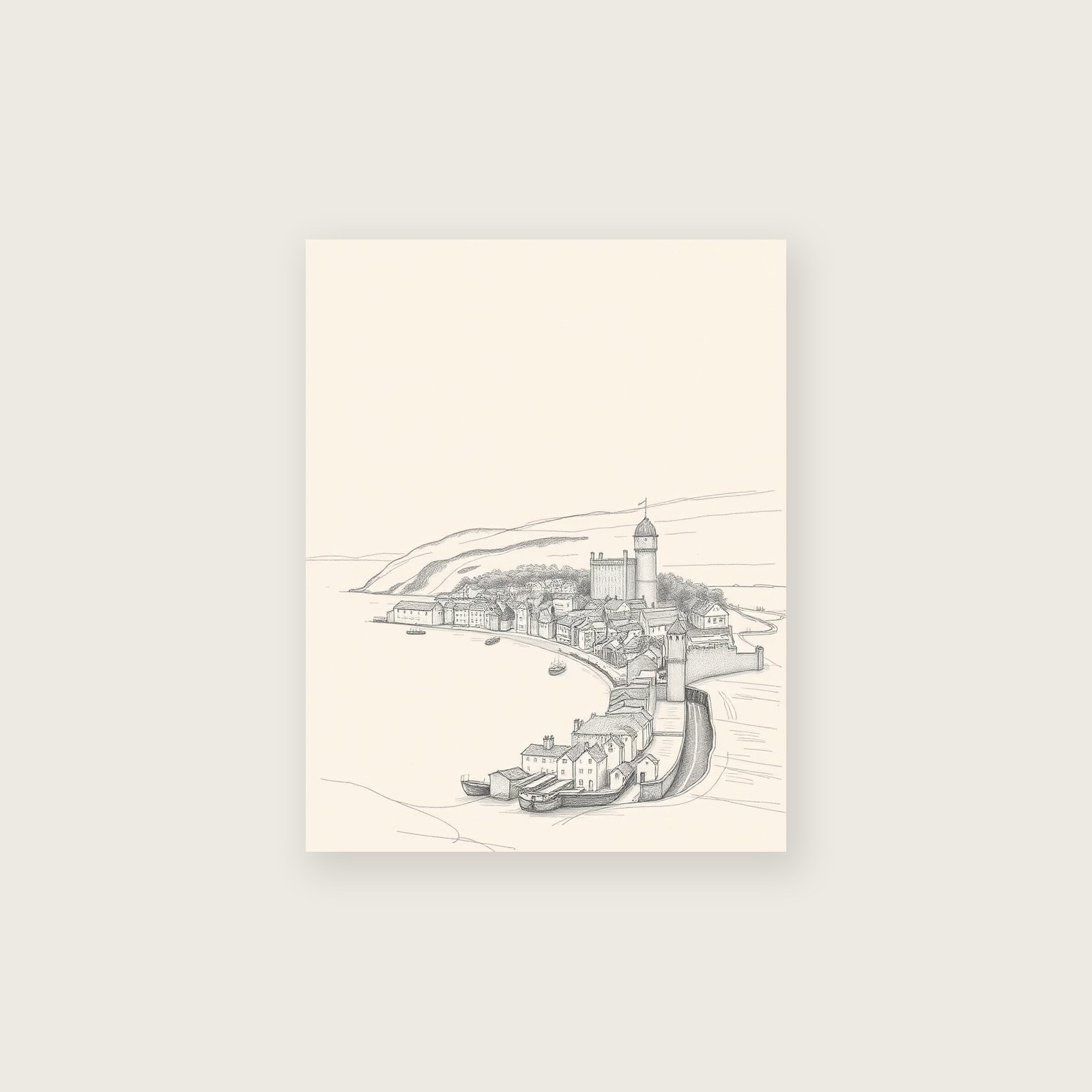 Framed Pencil Sketch Print of Robin Hood's Bay - Neutral & Beige Landscape Wall Art, unframed print