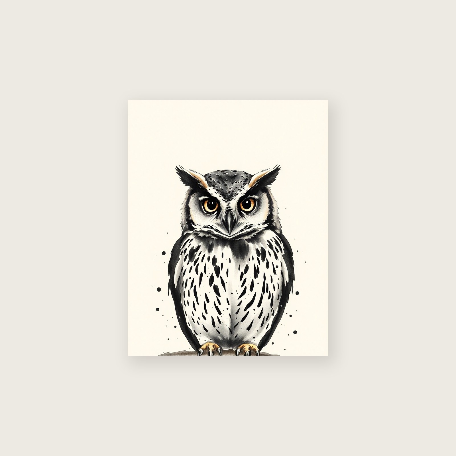 Short-eared Owl - Framed Ink Wash Animal Print in Black & White, unframed print