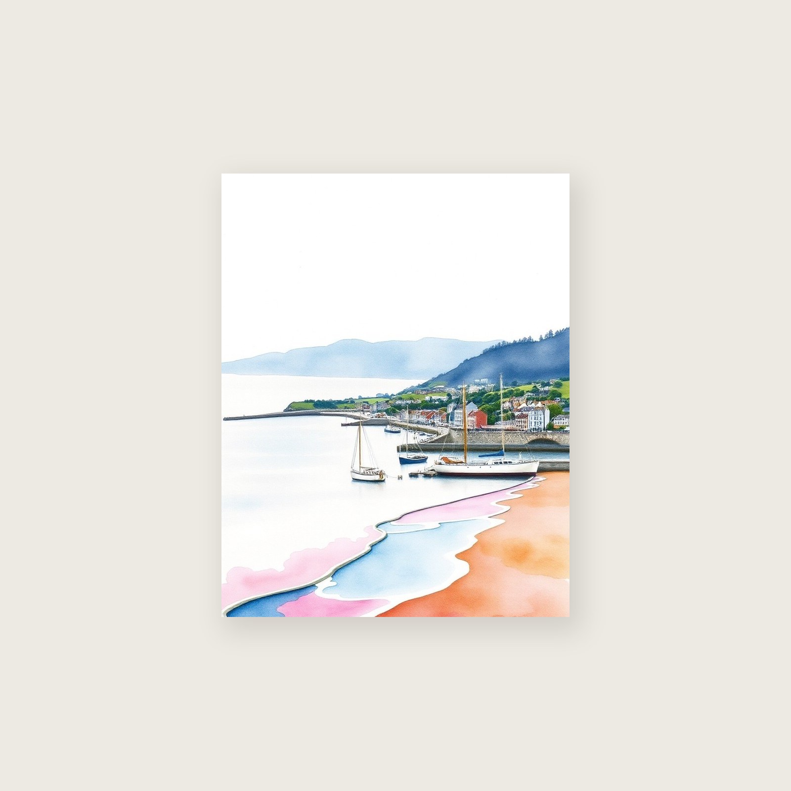 Dartmouth Harbour Watercolour Wall Art - Two Tone Print - Unframed Print, A3
