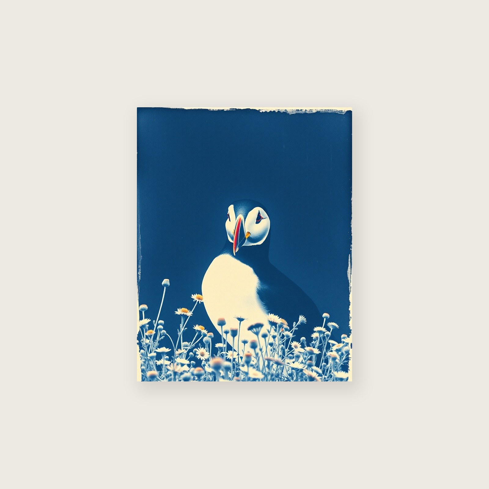 Framed Cyanotype Print of Puffin - Two Tone Animal Wall Art, unframed print