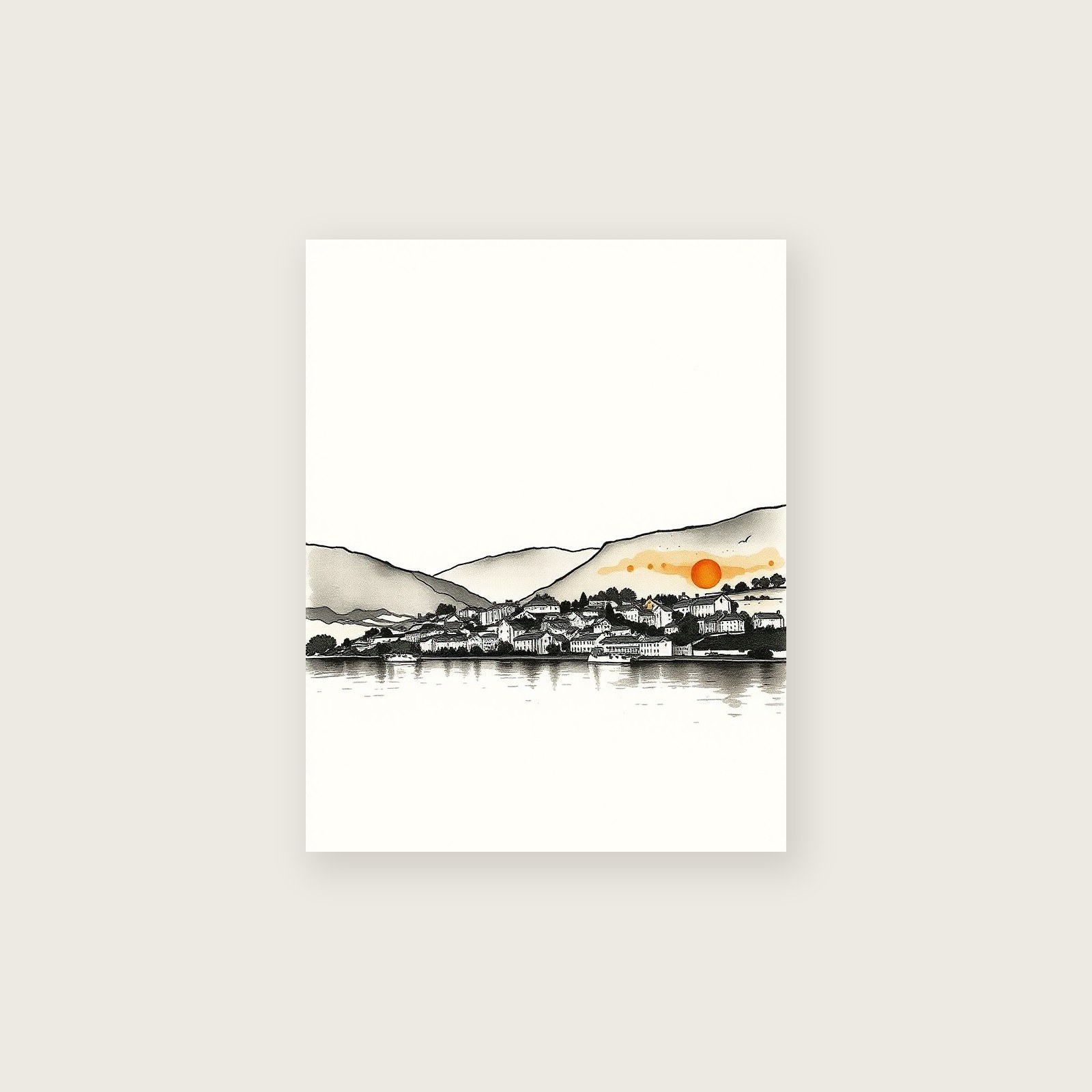 Coniston Water Ink Wash Wall Art - Neutral & Beige Print - Unframed Print, A3
