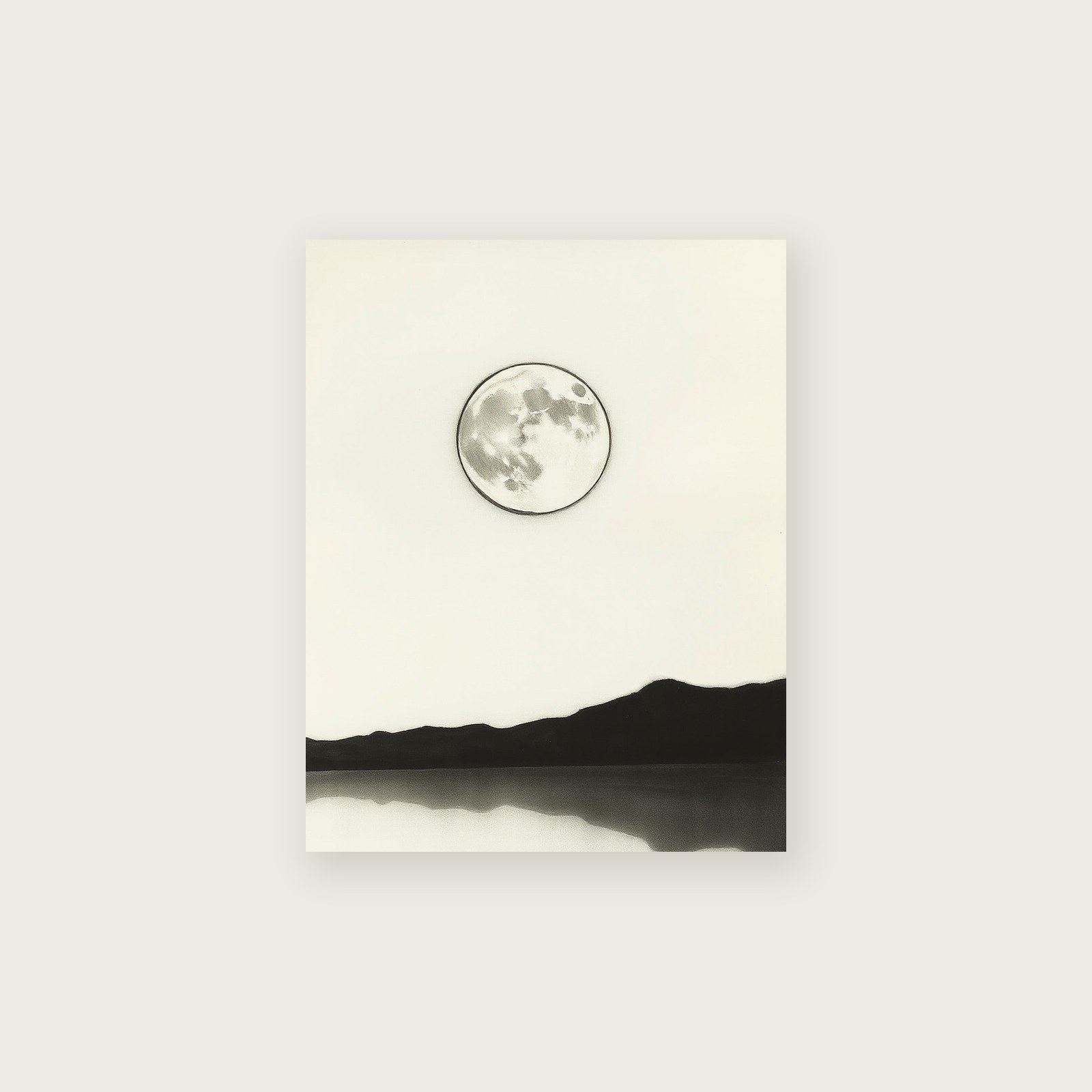 The Moon Reflected in a Still Lake - Charcoal Celestial Print in Black & White - Unframed Print, A3