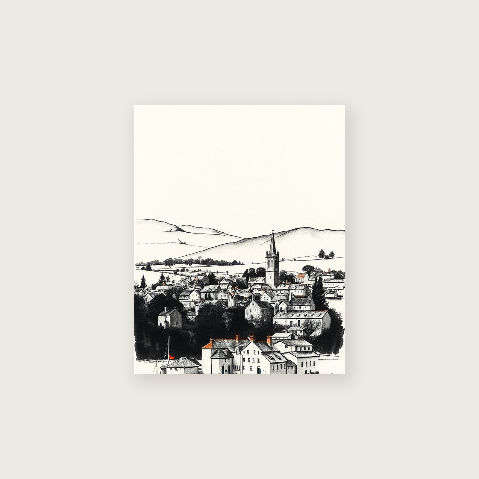 The Lake District - Ink Wash Landscape Print in Neutral & Beige - Unframed Print, A3