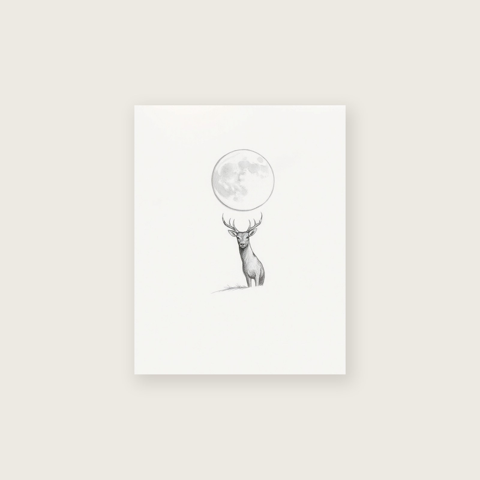 A Buck Moon in July - Pencil Sketch Celestial Print in Neutral & Beige - Unframed Print, A3