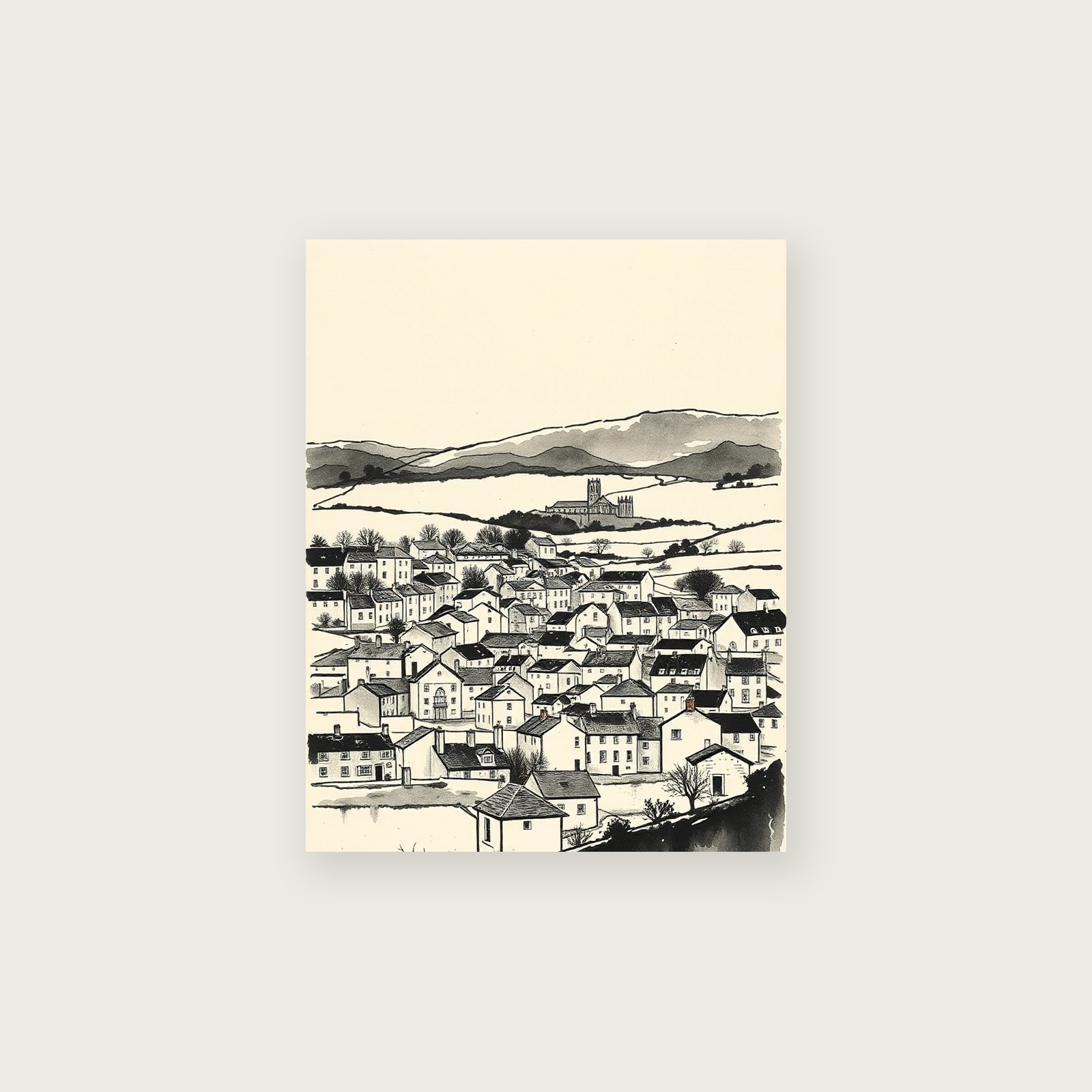 Bannau Brycheiniog Ink Wash Print - Framed Neutral & Beige Landscape Wall Art, unframed print
